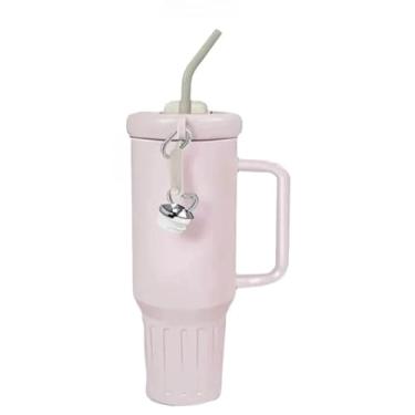 Imagem de Copo Térmico Inox Portátil 1200ml Garrafa Térmica Inoxidável com Tampa e Canudo(Rosa bebe)