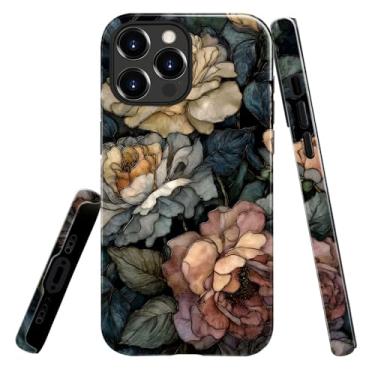 Imagem de heindiy Compatível com iPhone 13 Pro Max, capa brilhante, proteção total, à prova de choque, anti-arranhões, capa de TPU, capas para homem mulher vitral escuro vintage floral