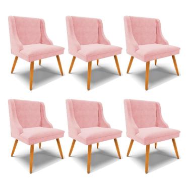 Imagem de Kit 6 Cadeiras Decorativas Sala de Jantar Pés Palito de Madeira Firenze Suede Rosa Bebê/Natural G19 - Gran Belo