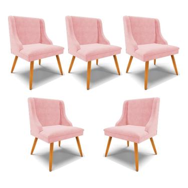 Imagem de Kit 5 Cadeiras Decorativas Sala de Jantar Pés Palito de Madeira Firenze Suede Rosa Bebê/Natural G19 - Gran Belo