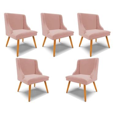 Imagem de Kit 5 Cadeiras Decorativas Sala de Jantar Pés Palito de Madeira Firenze Veludo Rosê/Natural G19 - Gran Belo