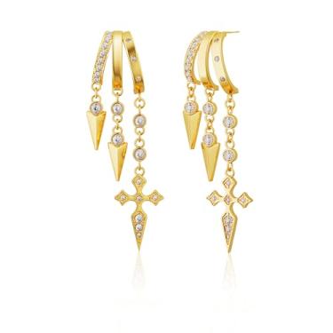 Imagem de Freekiss 3 brincos de ilusão de argola com zircão, brincos hipoalergênicos para mulheres, conjunto de brincos delicados de cruz e gota de ouro, joia de prata, Medium, Latão, Sem pedra preciosa