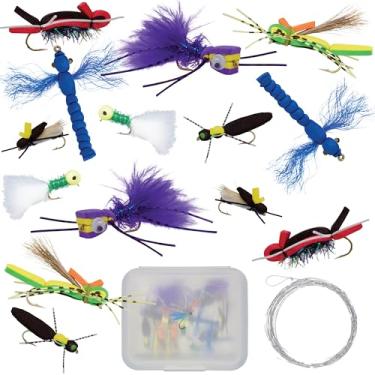 Imagem de Kit de pesca Thor Outdoor Topwater Fly para Bass & Panfish | Conjunto de 14 peças + Líder e botões afunilados – Poppers de espuma, Hoppers, moscas secas, aranhas, formigas, atores (gancho de tamanho 10 a 12)