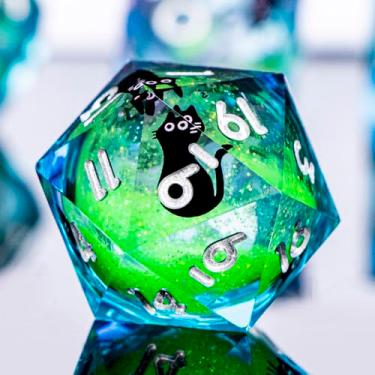 Imagem de ORIFANTOU DND Cat Dice Set Green Sharp Edge Dice with Box, RPG D and D Dice Dungeons Dragons Role Playing Game Polyhedral Resin Dice Set D20 D12 D10 D8 D6 D4