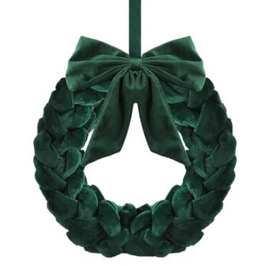 Imagem de HEYTIMI 1 guirlanda de veludo de Natal de 33 cm, decoração de guirlanda de porta da frente, enfeite de guirlanda de Natal com laço para mesa de festa interna ao ar livre, lareiras, paredes de varanda