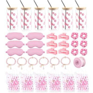 Imagem de Vesici Conjunto de 42 peças de artigos de festa do pijama em massa presentes de aniversário para mulheres conjunto de suprimentos de festa de Natal com copos de vidro, máscara de olho, laços de cabelo