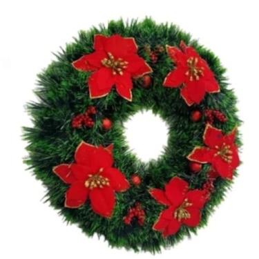 Imagem de Guirlanda Natalina 38Cm De Natal Decorativa Para Porta Com Flores Vermelhas Douradas Decoração