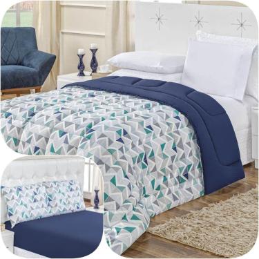 Imagem de Kit Edredom Queen com Jogo de Lençol Malha 100% Algodão 4 Peças - Geométrico Azul