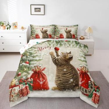 Imagem de Conjunto de edredom de gato 3D, conjunto de cama para crianças, meninas, meninos, adolescentes, adultos, flocos de neve, decoração de Natal, conjunto de edredom acolchoado, coleção de quarto, tamanho