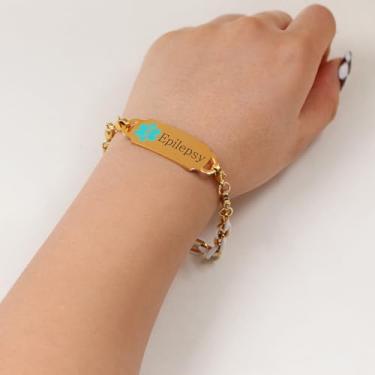 Imagem de Pulseira de saúde médica banhada a ouro aço inoxidável Hip-Hop corrente grossa esmalte óleo gotejamento joia de identificação de emergência para homens SA5176, adjustable, Aço inoxidável, Sem Pedra