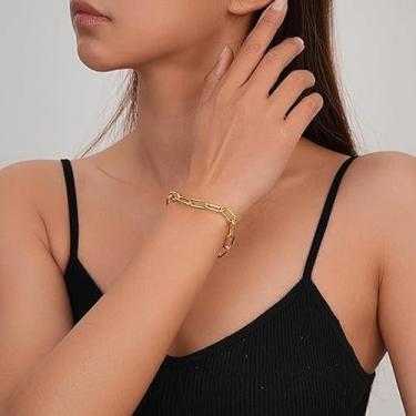 Imagem de Pulseira de corrente de clipe de papel para mulheres, punho de elos grossos industriais minimalistas, joias modernas de hip hop, One Size, Cobre, Sem Pedra Preciosa