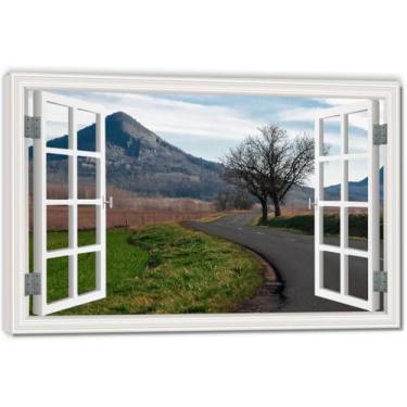 Imagem de The Road Next To The TreeImpressão artística em tela de ilusão de janela falsa, arte de parede com vista panorâmica real para sala de estar 80 x 120 cm emoldurada