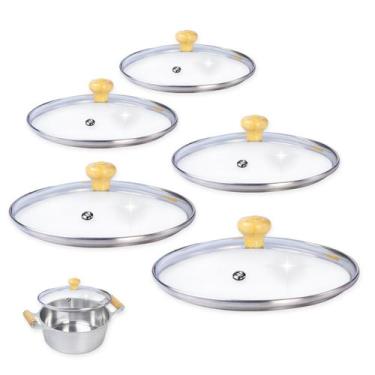 Imagem de Jogo 5 Tampas 16 18 20 22 24cm Vidro Temperado Borda Inox para Panelas