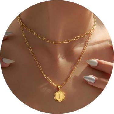 Imagem de Colar feminino com inicial em camadas, aço inoxidável banhado a ouro 18K, pingente de clipe de papel duplo A a Z, conjunto de duas correntes destacáveis, 16.5in/ 14+2in, Aço inoxidável, Sem Pedra