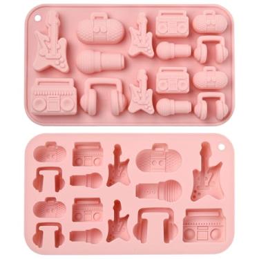 Imagem de UR URLIFEHALL 2 peças de moldes de silicone com tema musical, guitarra, microfone, chocolate, moldes para assar geleia, doces, bolos, decoração de biscoitos, sobremesas