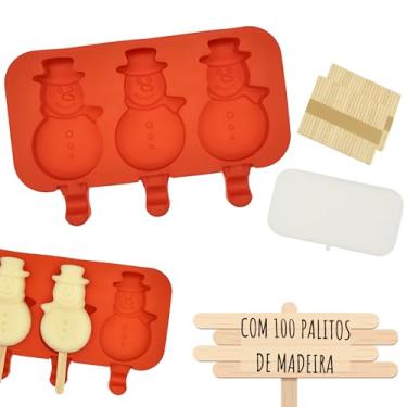 Imagem de Formas Sorvete Picole Caseiro Silicone Com 3 Cavidades Tampa 100 palitos (Bonequinho de neve)