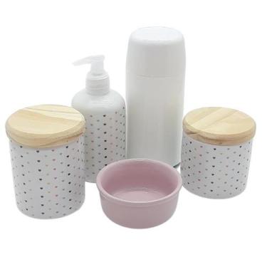 Imagem de Kit de Higiene para Lavabo Poá Colorido com 5 Peças e Tampas de Pinus 