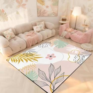 Imagem de Tapete rosa claro com flores de folhas fofas para quarto | Tapete redondo pequeno de 7 x 12 cm, lavável, antiderrapante, boho, círculo, crianças, botânico, tapete abstrato, para sala de jogos, sala de