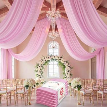 Imagem de leegleri Cortina de teto rosa de 7 m × 6 m para festas de casamento, tecido drapeado de poliéster sem rugas, cortina rosa para festa, barraca, hotel, banquete, salão, decoração de teto, 6 painéis, 5 ×