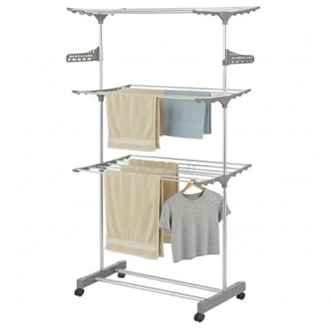 Imagem de Varal de Chão 3 Andares Dobrável com Rodinhas para Roupas Cabides Toalhas Retrátil Premium