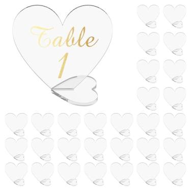 Imagem de 30 peças de números de mesa de casamento de acrílico com suportes, números de mesa de folha de acrílico de coração transparente com bases, números de mesa para casamento, recepção, decoração de mesa