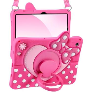 Imagem de Boaretiu Capa infantil para Samsung Galaxy Tab A9 Plus 28 cm 2023 (SM-X210/X216/X218) – linda capa de silicone feminina com laço 3D e ponto de coração com alça e suporte giratório para tablet para