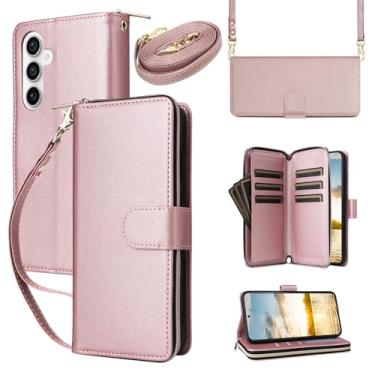 Imagem de Capa carteira para Samsung Galaxy A25 5G com cordão ajustável e alça de pulso - Couro sintético durável e TPU, 9 compartimentos para cartão, fecho magnético, suporte, capa de proteção total à prova de