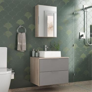 Imagem de Conjunto Gabinete Banheiro Rubi 60cm Gabinete + Cuba + Espelheira Madeirado Cinza