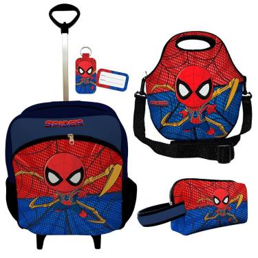 Imagem de Kit Mochila Escolar Infantil Rodinhas Lancheira Estojo Isoprene Menino Aranha
