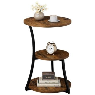 Imagem de JUSTOGO Mesa lateral redonda, mesa de canto de 3 camadas para sala de estar, mesa de destaque vintage para espaços pequenos com prateleira Sotage, mesa de centro de madeira e metal para sofá, quarto
