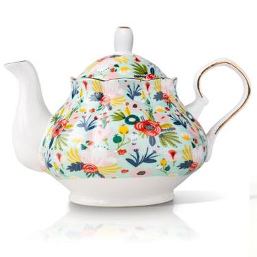 Imagem de HOMSUN Bule de chá de porcelana grande de 978 g, ouro brilhante, bule de chá de cerâmica, floral, bule de chá, para florescer folhas soltas, chá, café, leite, Natal, presente feminino, inauguração de