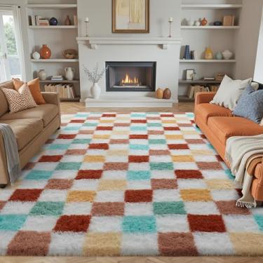 Imagem de PureCozy Tapete quadriculado 20 x 25 para sala de estar, tapete felpudo moderno colorido, lavável, antiderrapante, tapete de área grande, supermacio, tapete felpudo para quarto, casa, decoração