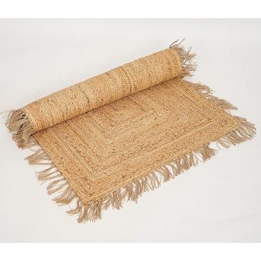 Imagem de Jogo americano de juta de tecido natural com franja, estilo rústico de fazenda, tapete de juta trançado feito à mão, 8 x 1,5 m