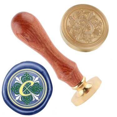 Imagem de Carimbo de lacre de cera letra C cobre 25 mm vintage destacável selo de latão e um padrão de cabo de madeira cabeça carta convite cartão convite casamento presente pacote feriados