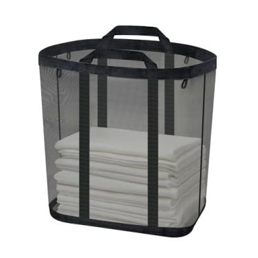 Imagem de Sekonow Cesto de roupa suja de malha, cesto de roupa suja suspenso para porta de parede com alças, bolsa de praia dobrável respirável, bolsa de viagem que economiza espaço (pacote com 1, preto)