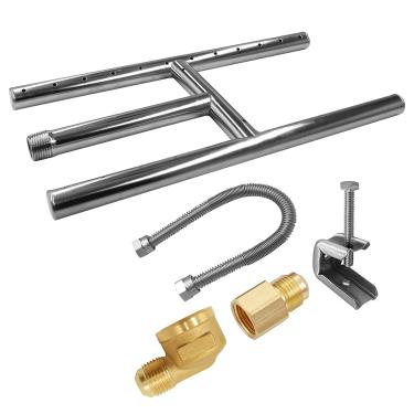 Imagem de MOFLAME Queimador H de 30 x 15 cm para lareira a gás natural, aço inoxidável 304, linha de gás flexível sem apito, acessórios de latão kit de conexão de 3/20.3 cm a 1/5.1 cm