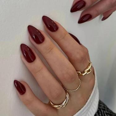 Imagem de 24 unidades de unhas vermelhas vinho, amêndoa média, unhas postiças de ponta francesa, unha falsa de acrílico brilhante bordô, cola simples de cor pura na unha, unhas adesivas reutilizáveis naturais
