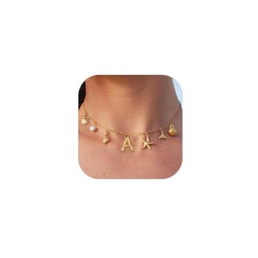 Imagem de SLOONG Colar com pingente inicial banhado a ouro 14K, colar de pérolas de água doce, gargantilha boho verão, concha, praia, estrela-do-mar, surfista, joias presentes para mulheres, Cobre, Zircão