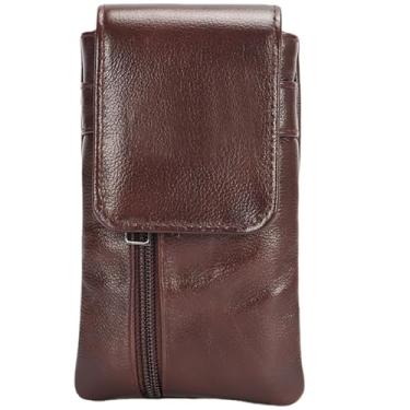 Imagem de Bolsa grande de couro para celular com duas camadas de armazenamento, coldre vertical 7.3 com fecho de pressão seguro, bolsa de cintura impermeável para trabalho e viagens