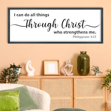 Imagem de FZMHASLWW I Can Do All Things Through Christ Decoração de parede 81 cm x 30,5 cm Filipenses 4:13 Verso da Bíblia Cristã Grande Moldura de Madeira Arte para pendurar na parede (preto)