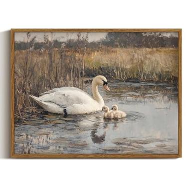 Imagem de Arte de parede em tela vintage Swans Family In The Lake paisagem de animal selvagem pintura a óleo decoração de parede clássica cisne pôster impresso arte para sala de estar quarto banheiro decoração