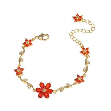 Imagem de NewZenro Pulseira feminina de elos de corrente de zircônia cúbica com flor de pétala banhada a ouro, bonita, delicada, colorida, cristal, floral, floral, ajustável, joia moderna para ela, 5.5 Inches +