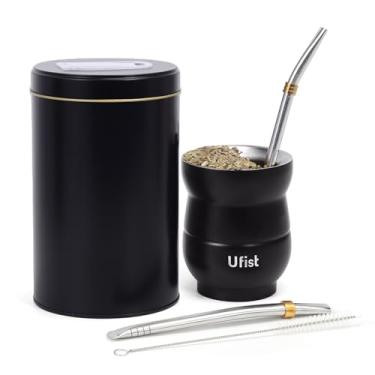 Imagem de Ufist Conjunto de copos de erva mate estilo uruguaio, inclui cabaça mate moderna de aço inoxidável de 136 g, Yerbero de 1,048 g, 2 peças de canudos Bombilla, escova de limpeza (preto)