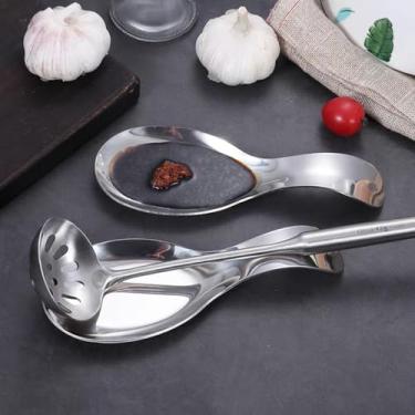 Imagem de Descanso de colher de aço inoxidável premium com cabo longo, para descanso de utensílios de cozinha, suporte para fogão, lavável na lava-louças (20 x 8,5 cm)