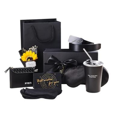 Imagem de Domivra BVEI's Conjunto de presente de luxo de 9 peças para mulheres, caixa premium preta com copo isolado, carteira de couro, cinto, máscara para os olhos, meias, flor de sabão, cartão presente, 29 x