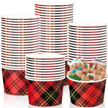Imagem de Potchen Pacote com 50 tigelas de sopa de Natal de 255 g copos de papel descartáveis com tema de inverno tigelas de sobremesa descartáveis vermelho preto xadrez copos de lanche para comida quente e
