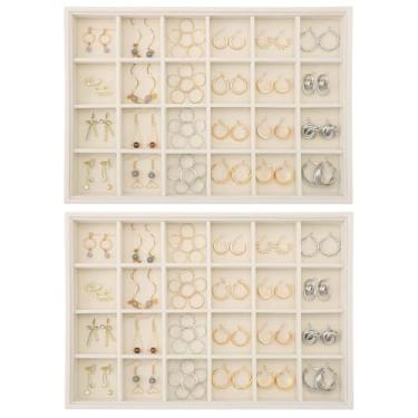 Imagem de Ewen Pacote com 2 organizadores de joias empilháveis de 24 grades e bandejas de armazenamento, 35 x 24 x 3 cm, inserções de gavetas organizadoras de joias, grande suporte de colar de veludo bege para