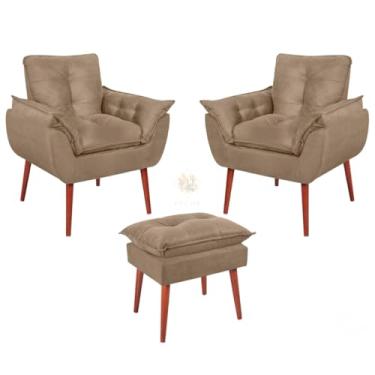Imagem de Kit 2 Poltronas Decorativas Opala + Puff Opala Vit Decor – Fibra Siliconada, Suede Premium, Pés Palito, Sala, Quarto, Recepção Bege (Capuccino)