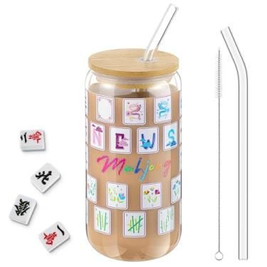 Imagem de Jingmore Mahjong Copo de vidro para presente com tampa e canudo Caneca de café de viagem 473 ml Copo de água para amantes de mahjong, mãe, Natal, festa de aniversário ou presentes de noite de jogo