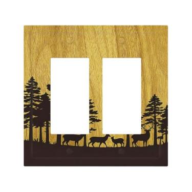 Imagem de Naiqadnehz Capas decorativas para tomada floresta, veado, pinheiro, grão de madeira, 2 gangues, interruptor de luz duplo, placa de interruptor elétrico, decorativa, placa de parede GFCI para decoração